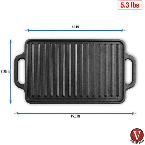 Victoria Rectangular Cast Iron Double Burner, Reversible Griddle Grill Seasoned with 100% Kosher Certified Non-GMO Flaxseed Oil, 13 x 8,3 Inch, Black